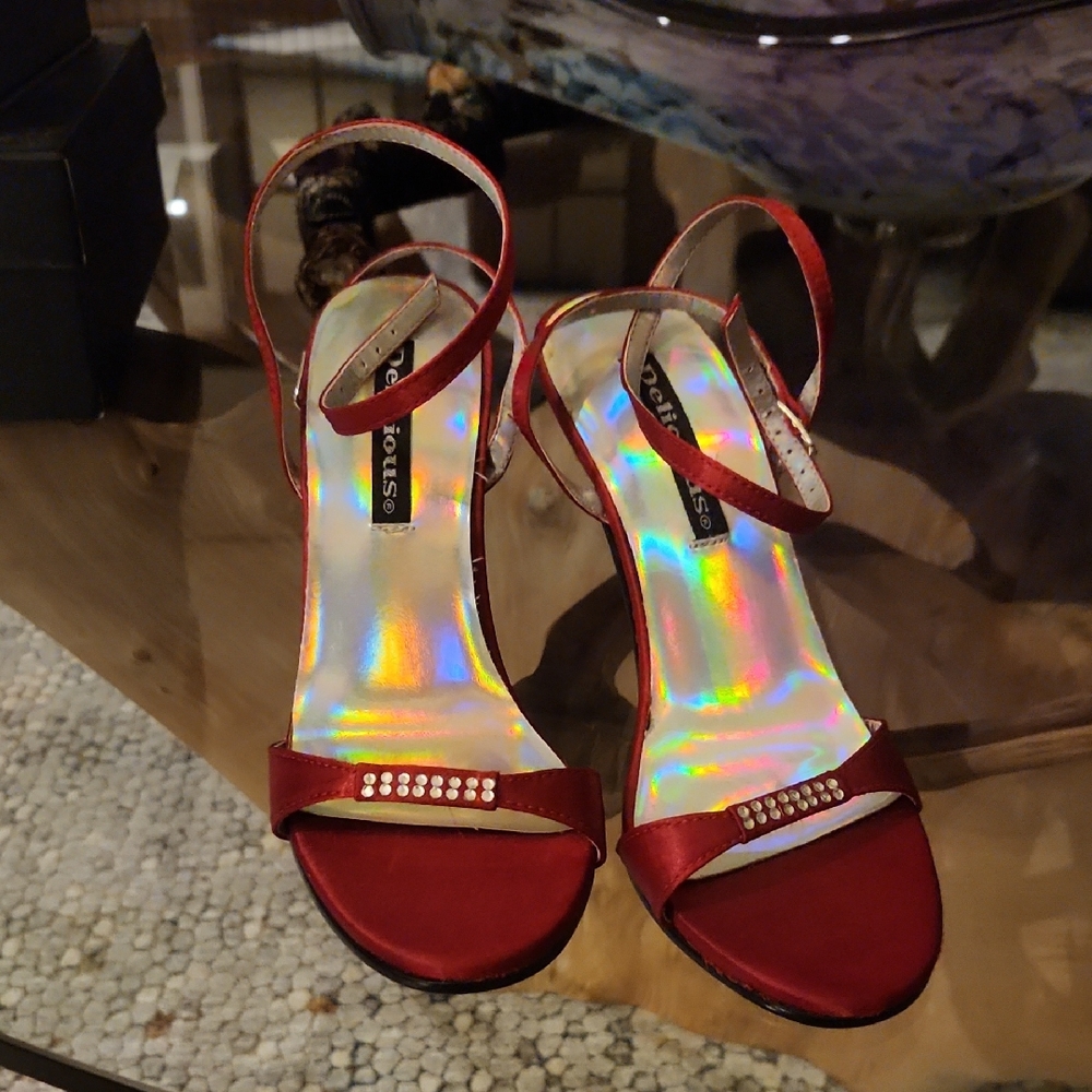 Delicious Red Satin Heels with Rhinestone Accent